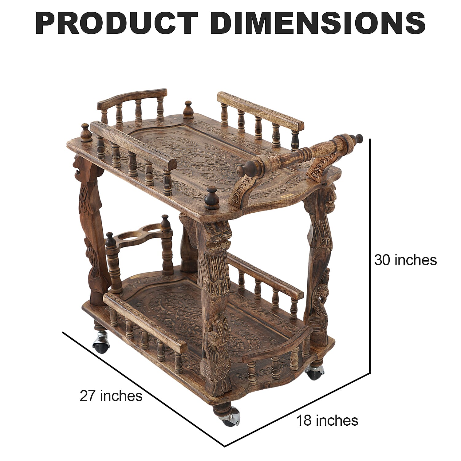 NAKKASHI Antique Burn Finish Color Hand Carved Wooden Movable Bar Cart