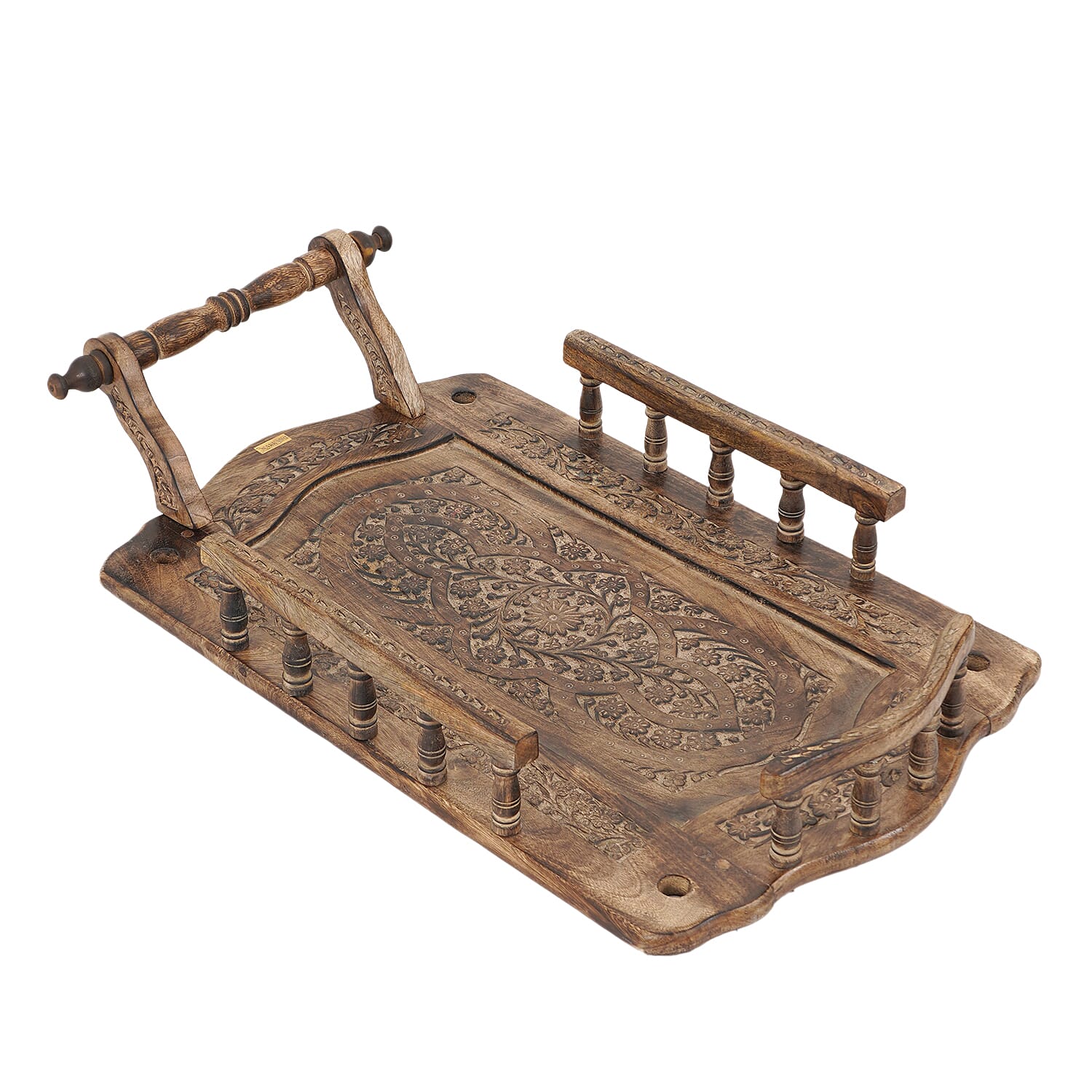 NAKKASHI Antique Burn Finish Color Hand Carved Wooden Movable Bar Cart