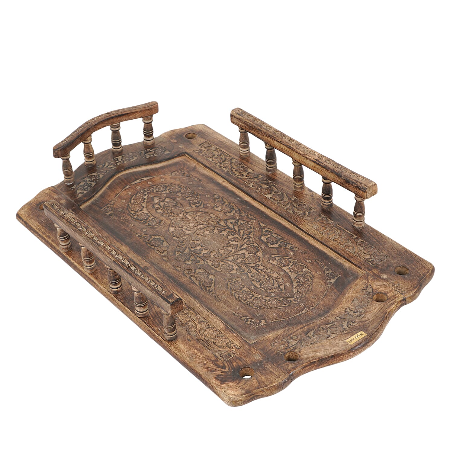 NAKKASHI Antique Burn Finish Color Hand Carved Wooden Movable Bar Cart