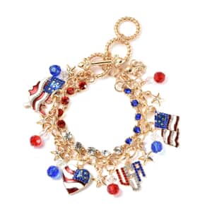 Multi Color Austrian Crystal and Multi Color Glass American Flag Pattern Bracelet in Goldtone (8.00 In)