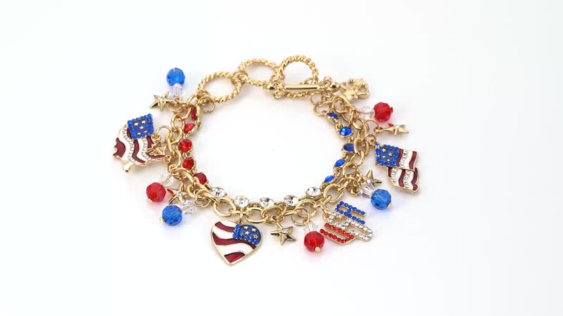 Multi Color Austrian Crystal and Multi Color Glass American Flag Pattern Bracelet in Goldtone (8.00 In)