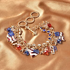 Multi Color Austrian Crystal and Multi Color Glass American Flag Pattern Bracelet in Goldtone (8.00 In)