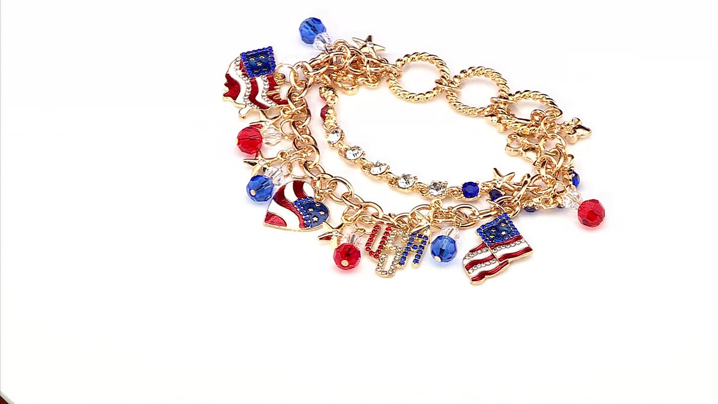 Multi Color Austrian Crystal and Multi Color Glass American Flag Pattern Bracelet in Goldtone (8.00 In)