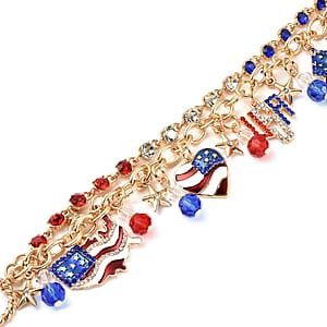 Multi Color Austrian Crystal and Multi Color Glass American Flag Pattern Bracelet in Goldtone (8.00 In)