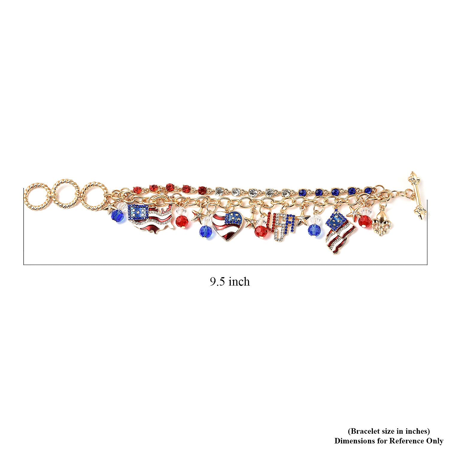 Multi Color Austrian Crystal and Multi Color Glass American Flag Pattern Bracelet in Goldtone (8.00 In)
