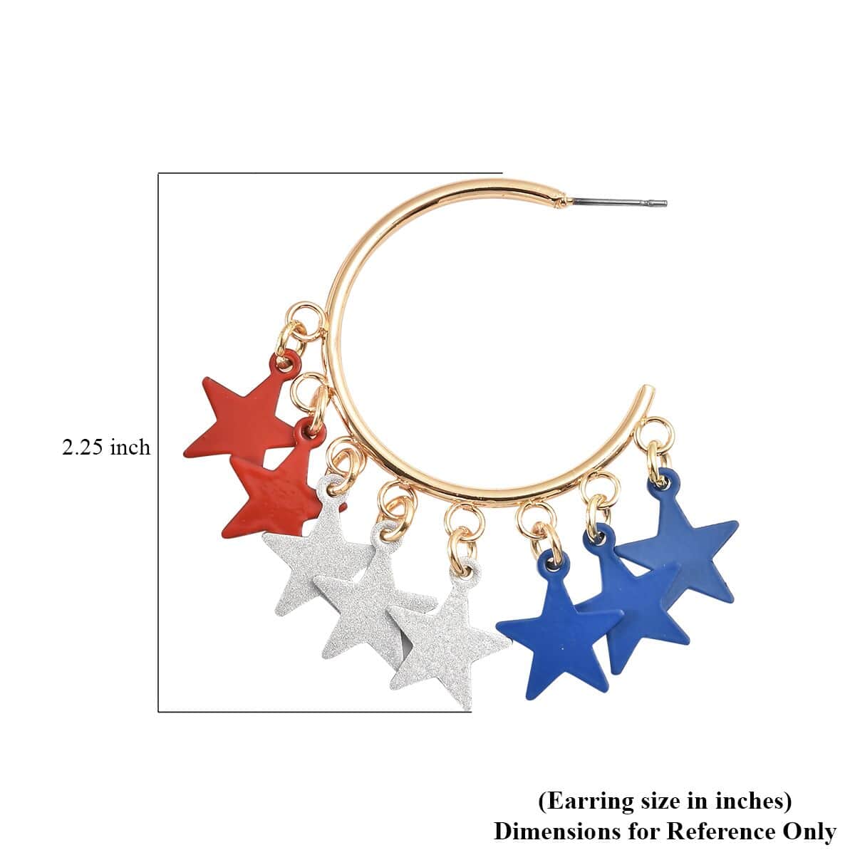 Enameled Stylish Half Hoop Earrings with Tri-color Star Charms in Goldtone image number 4