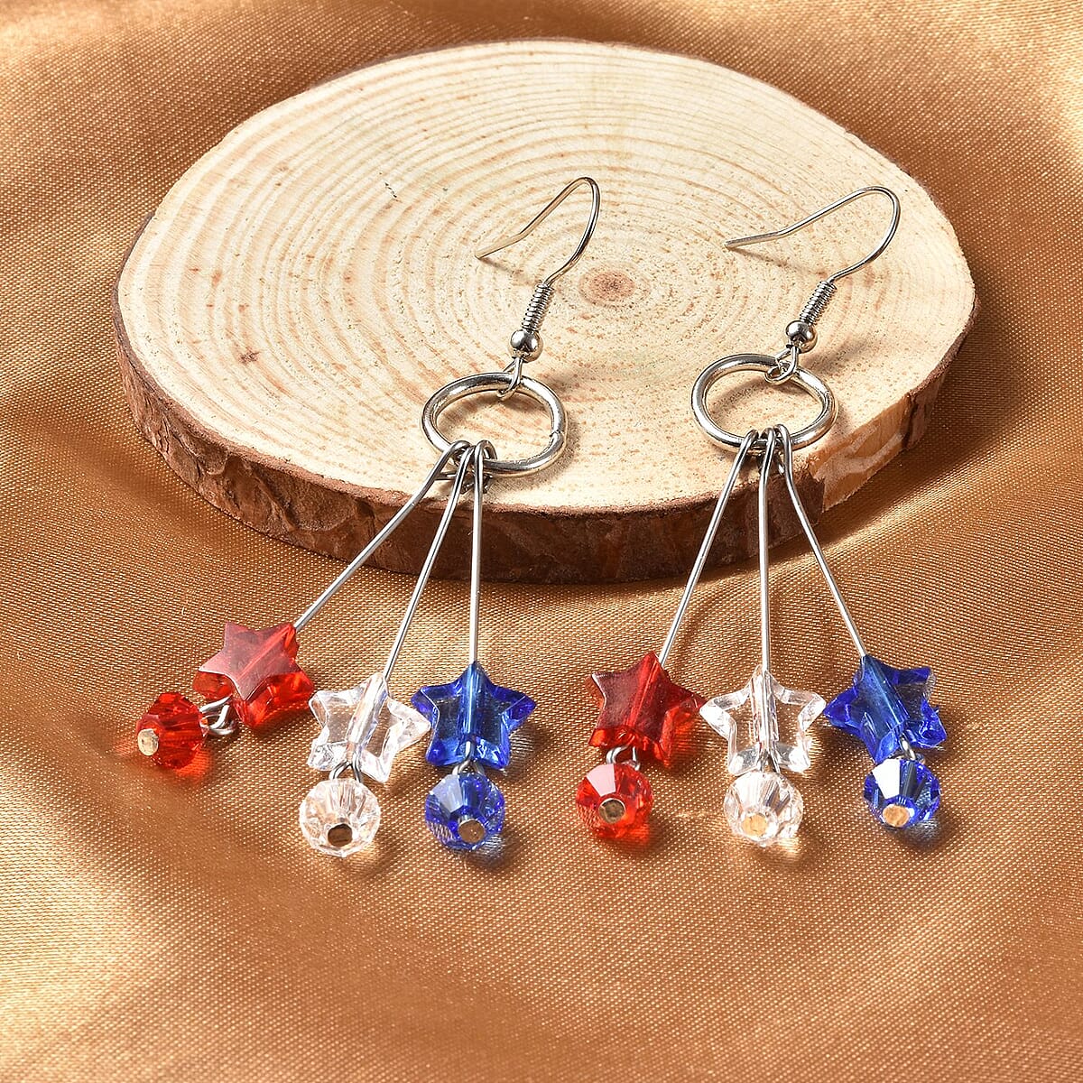 Simulated Red Color Resin, Multi Color Glass Stylish Half Hoop Earrings with Tri-color Star Charms in Silvertone & Stainless Steel , Tarnish-Free, Waterproof, Sweat Proof Jewelry image number 1