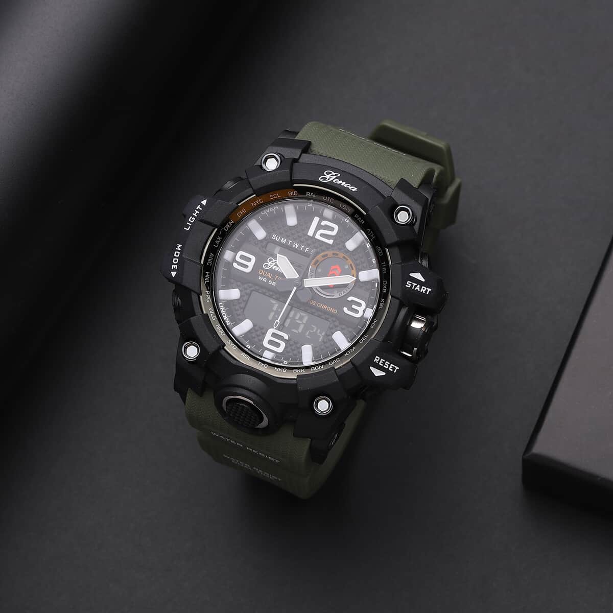 Genoa Japanese and Electronic Movement Multifunctional Key Watch in Army Green Silicone Strap (58 mm) image number 1