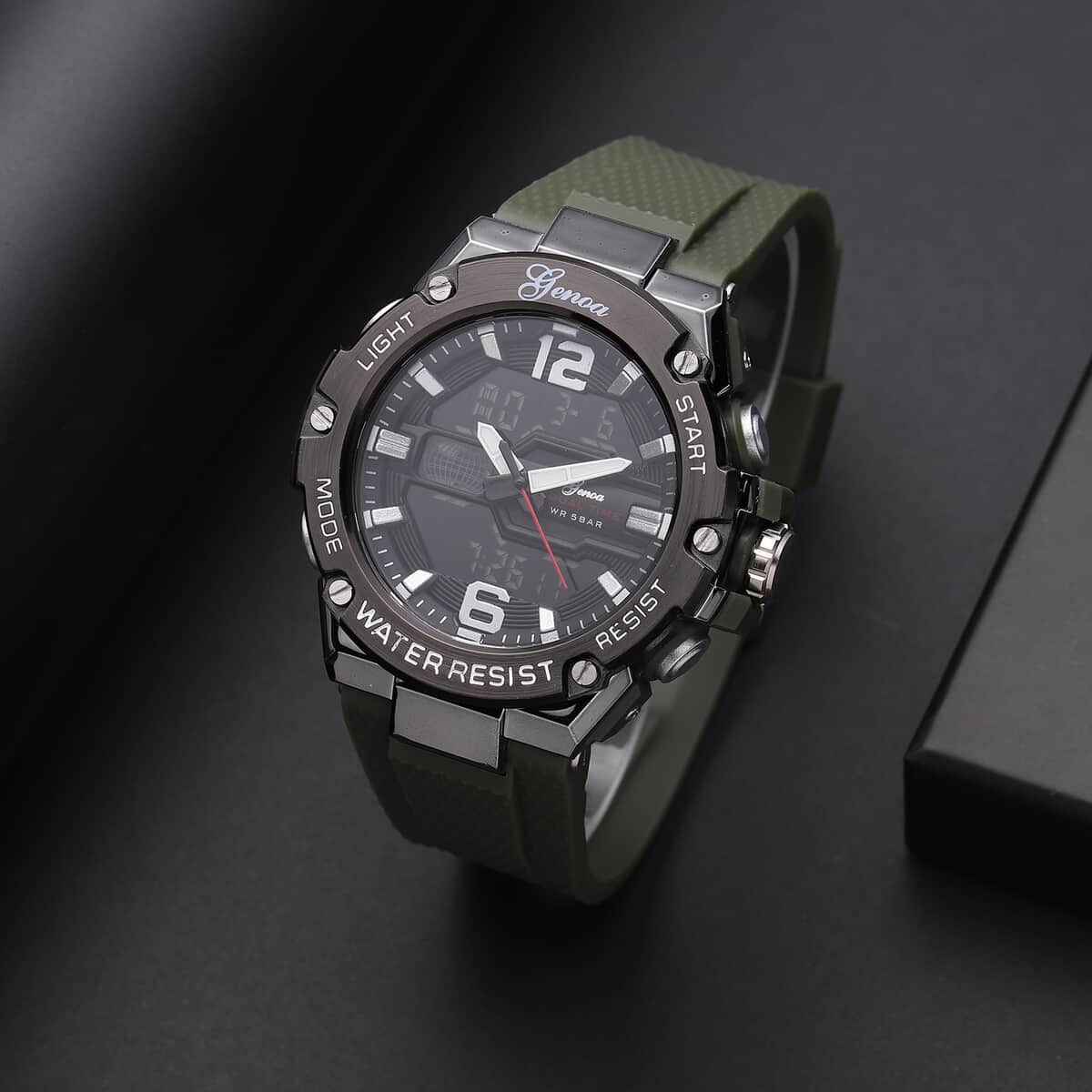 GENOA Japanese and Electronic Movement Multifunctional Key Watch in Army Green Silicone Strap (48 mm) image number 1
