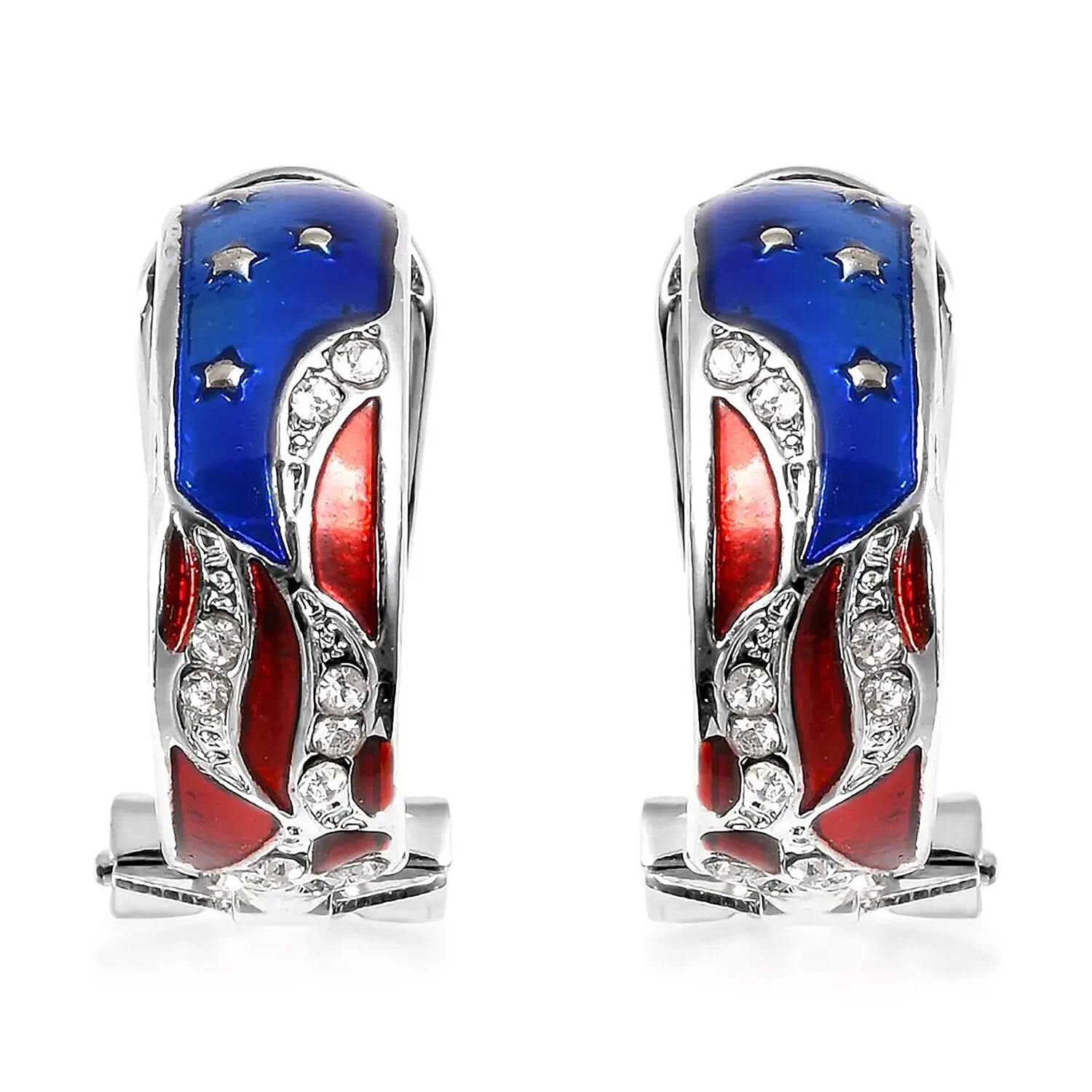 White Austrian Crystal Stylish Half Hoop Style Earrings with US flag Pattern in Silvertone