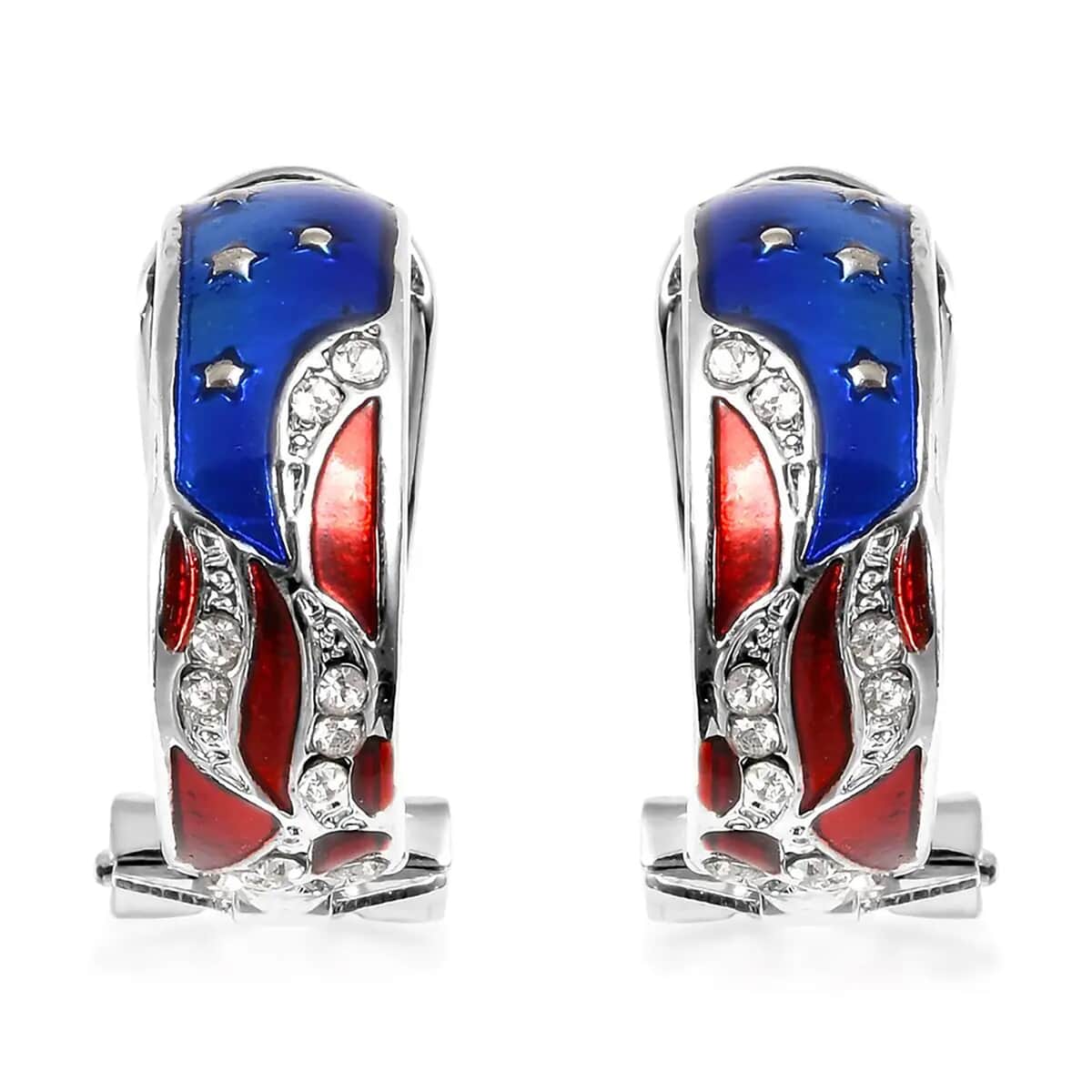 White Austrian Crystal Stylish Half Hoop Style Earrings with US flag Pattern in Silvertone image number 0