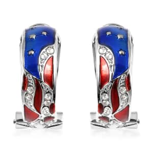 White Austrian Crystal Stylish Half Hoop Style Earrings with US flag Pattern in Silvertone