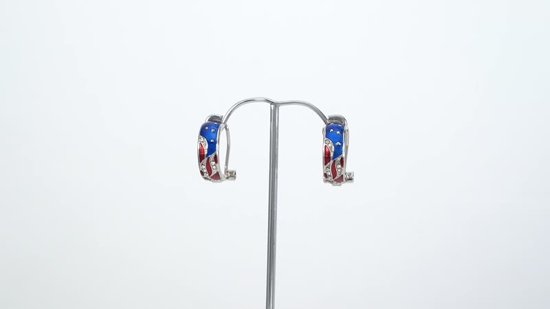 White Austrian Crystal Stylish Half Hoop Style Earrings with US flag Pattern in Silvertone