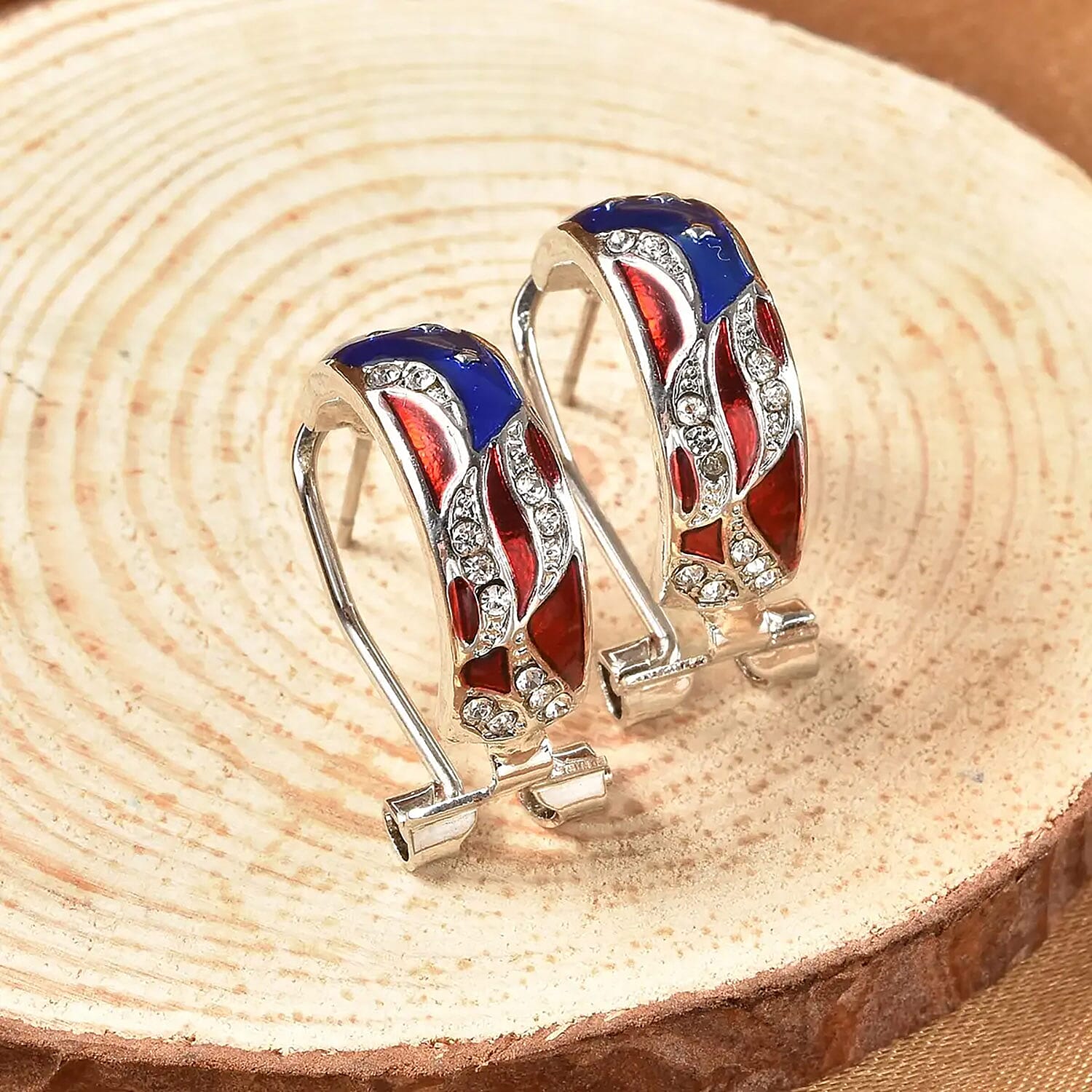 White Austrian Crystal Stylish Half Hoop Style Earrings with US flag Pattern in Silvertone