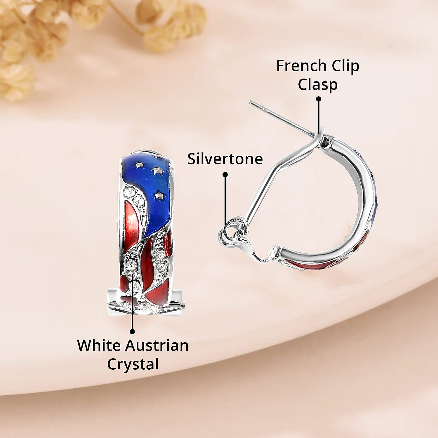 White Austrian Crystal Stylish Half Hoop Style Earrings with US flag Pattern in Silvertone