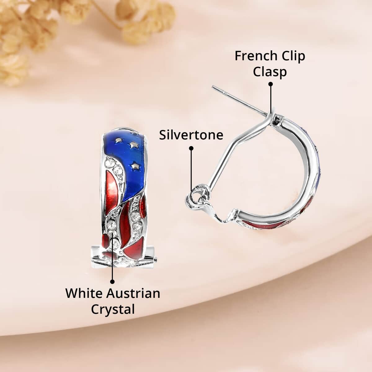 White Austrian Crystal Stylish Half Hoop Style Earrings with US flag Pattern in Silvertone image number 4