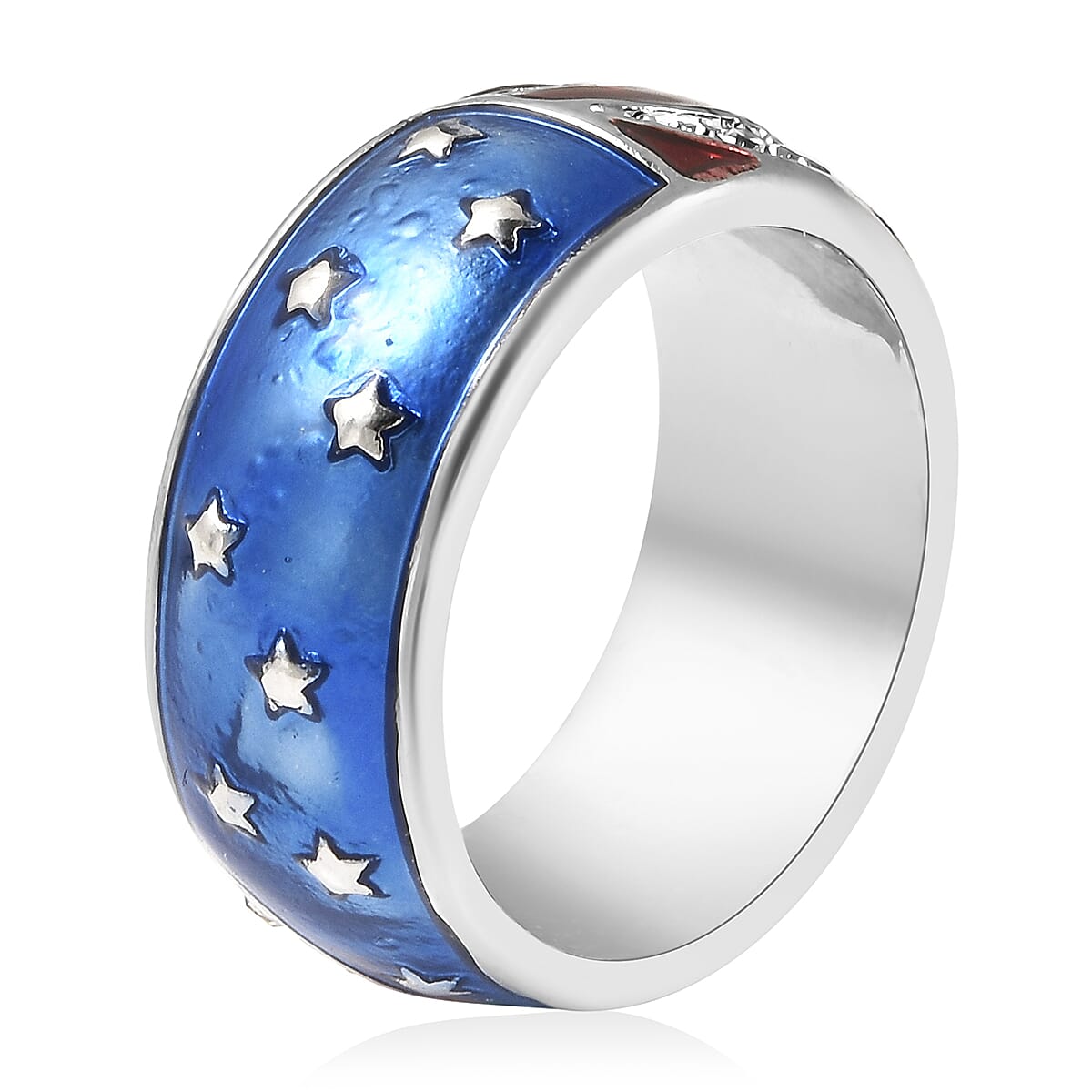 White Austrian Crystal US Flag Pattern Ring in Silvertone image number 3