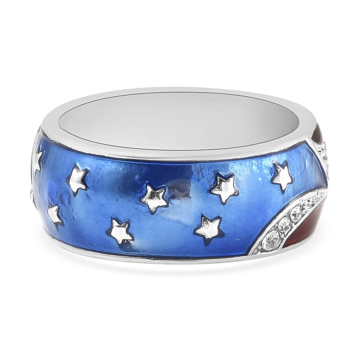 White Austrian Crystal US Flag Pattern Ring in Silvertone image number 4