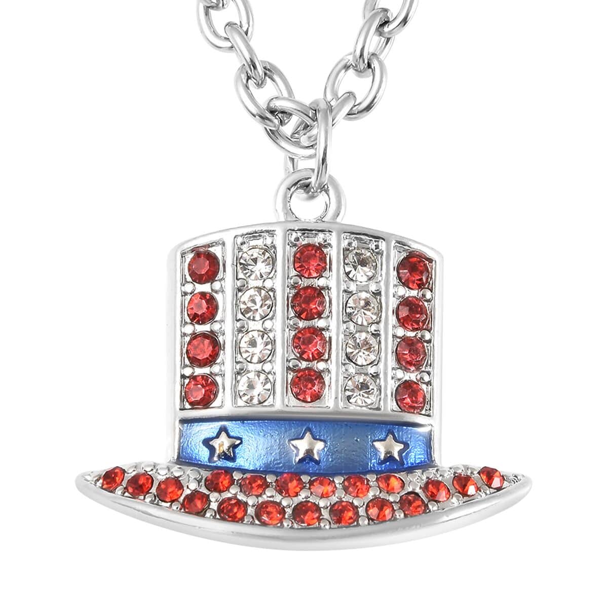 White and Red Austrian Crystal, Enameled Uncle Sam Hat Design Pendant Necklace 23.50-25.50 Inches in Silvertone image number 0