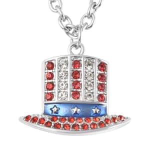 White and Red Austrian Crystal, Enameled Uncle Sam Hat Design Pendant Necklace 23.50-25.50 Inches in Silvertone