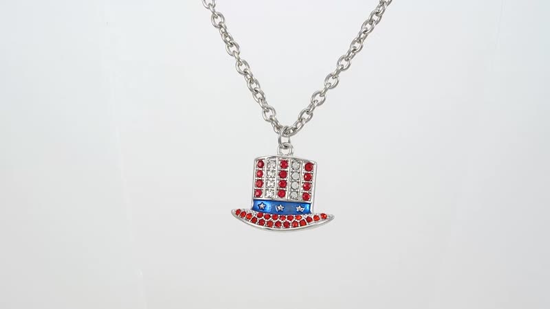 White and Red Austrian Crystal, Enameled Uncle Sam Hat Design Pendant Necklace in Silvertone 23.50-25.50 Inches