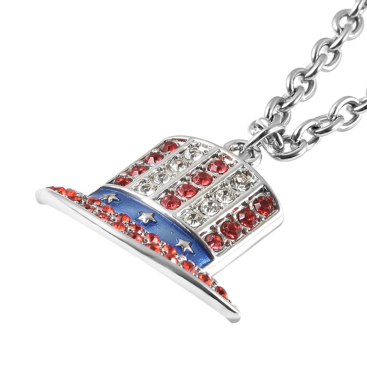 White and Red Austrian Crystal, Enameled Uncle Sam Hat Design Pendant Necklace 23.50-25.50 Inches in Silvertone image number 3