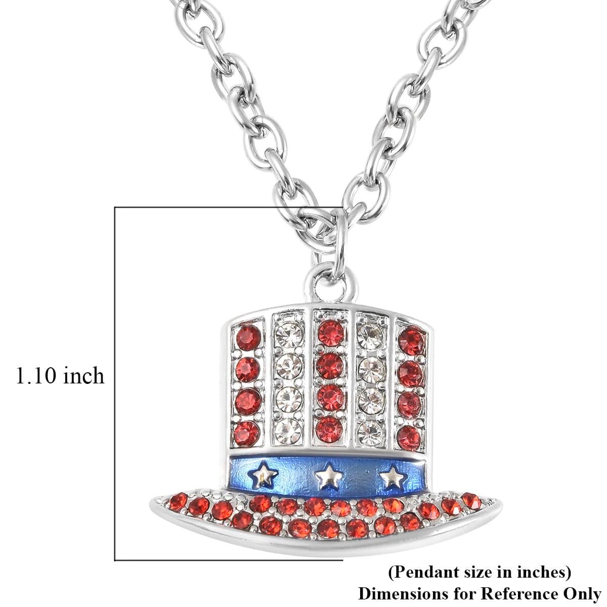 White and Red Austrian Crystal, Enameled Uncle Sam Hat Design Pendant Necklace 23.50-25.50 Inches in Silvertone image number 5