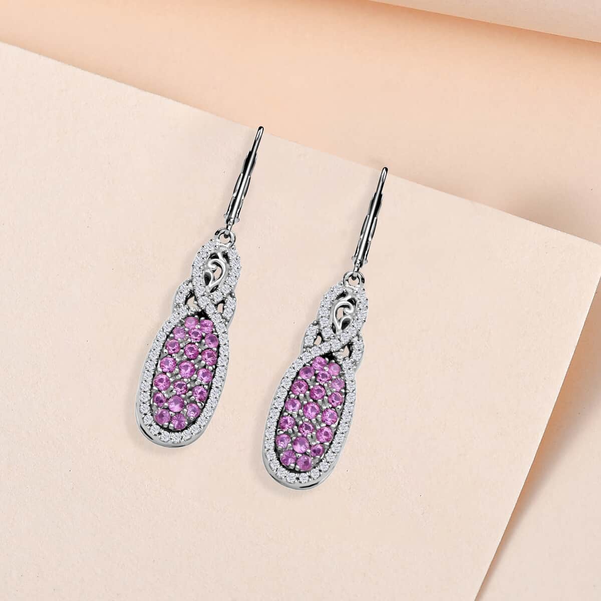 Premium Madagascar Pink Sapphire and White Zircon Infinity Cocktail Earrings in Platinum Over Sterling Silver 4.00 ctw image number 1