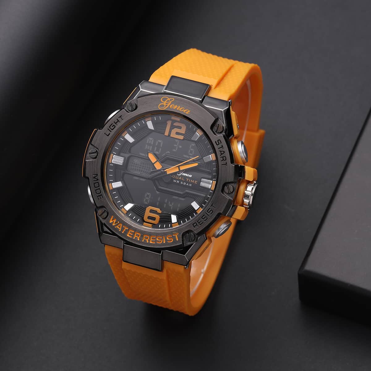 Genoa Japanese and Electronic Movement Multifunctional Key Watch in Orange Silicone Strap (48 mm) image number 1