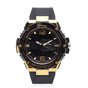 Genoa Japanese and Electronic Movement Multifunctional Key Watch in Goldtone with Black Silicone Strap (48 mm)