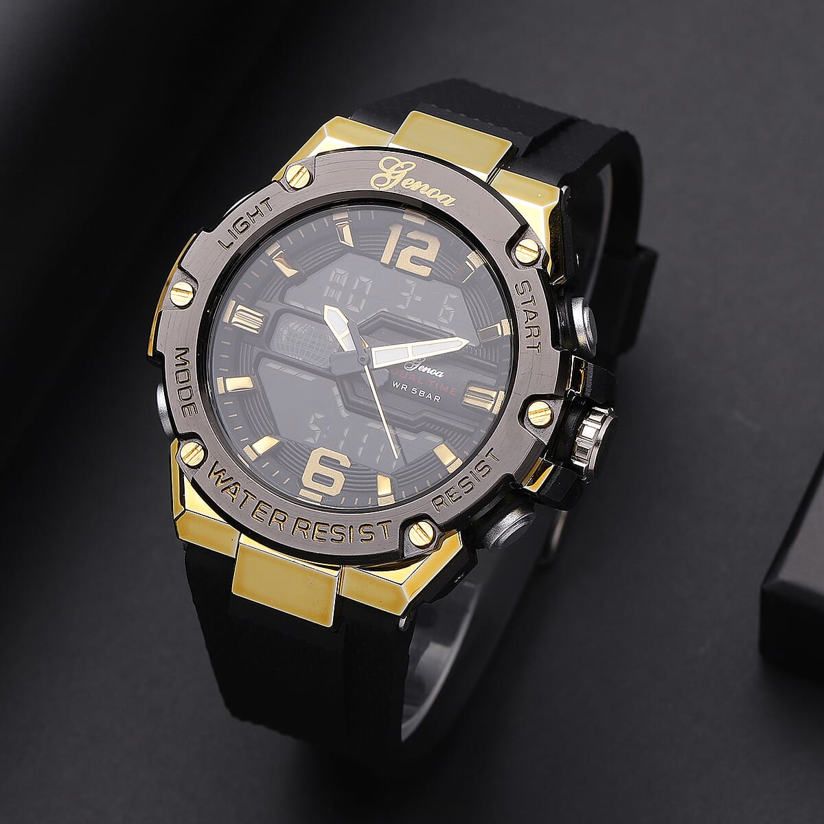 Genoa Japanese and Electronic Movement Multifunctional Key Watch in Goldtone with Black Silicone Strap (48 mm) image number 1