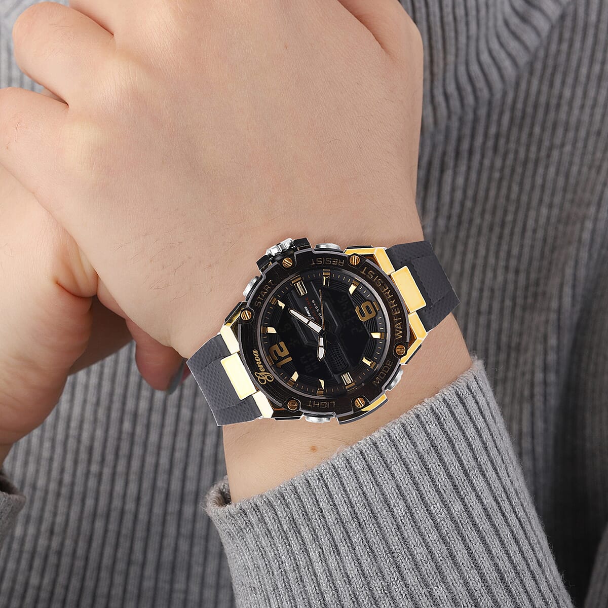 Genoa Japanese and Electronic Movement Multifunctional Key Watch in Goldtone with Black Silicone Strap (48 mm) image number 2