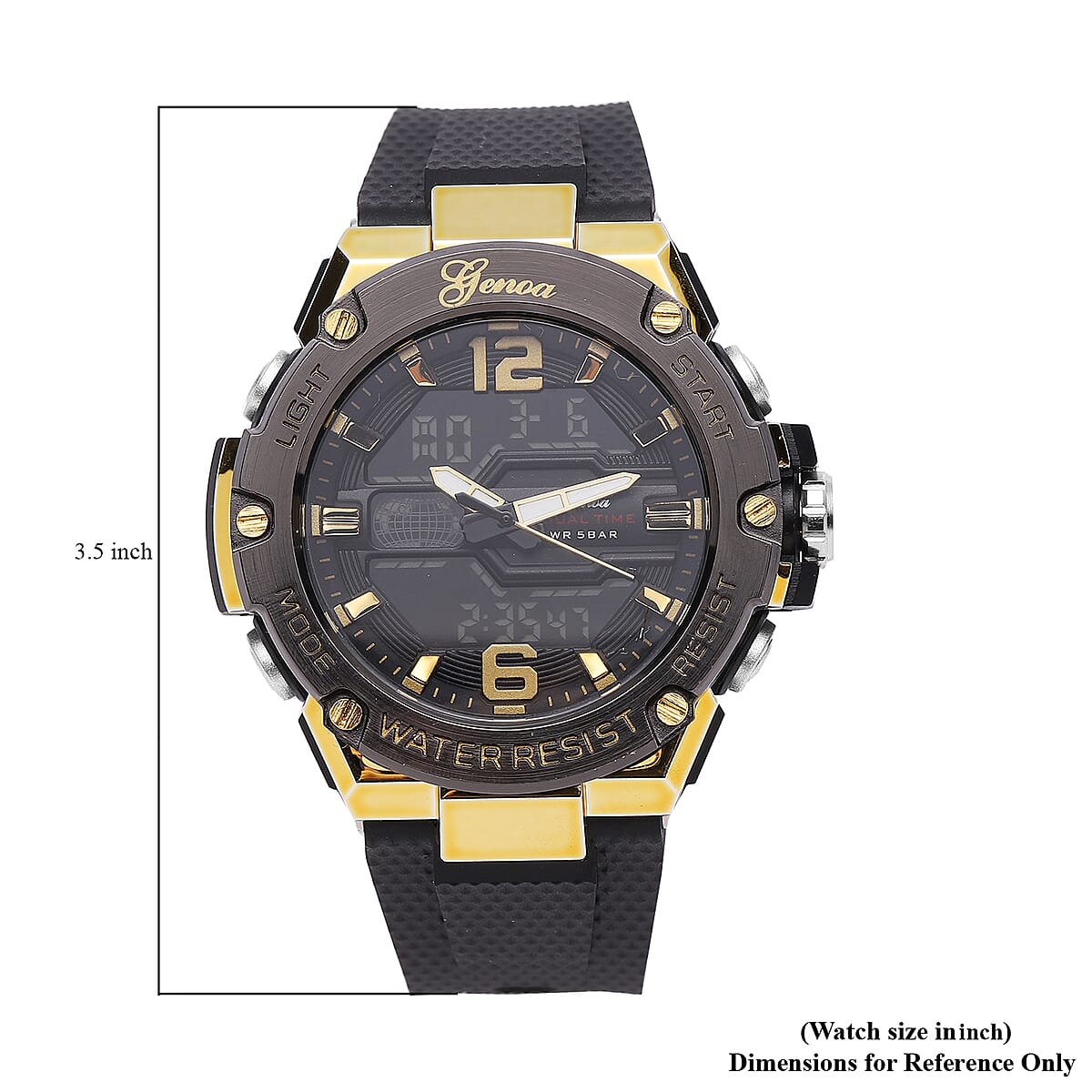 Genoa Japanese and Electronic Movement Multifunctional Key Watch in Goldtone with Black Silicone Strap (48 mm) image number 5
