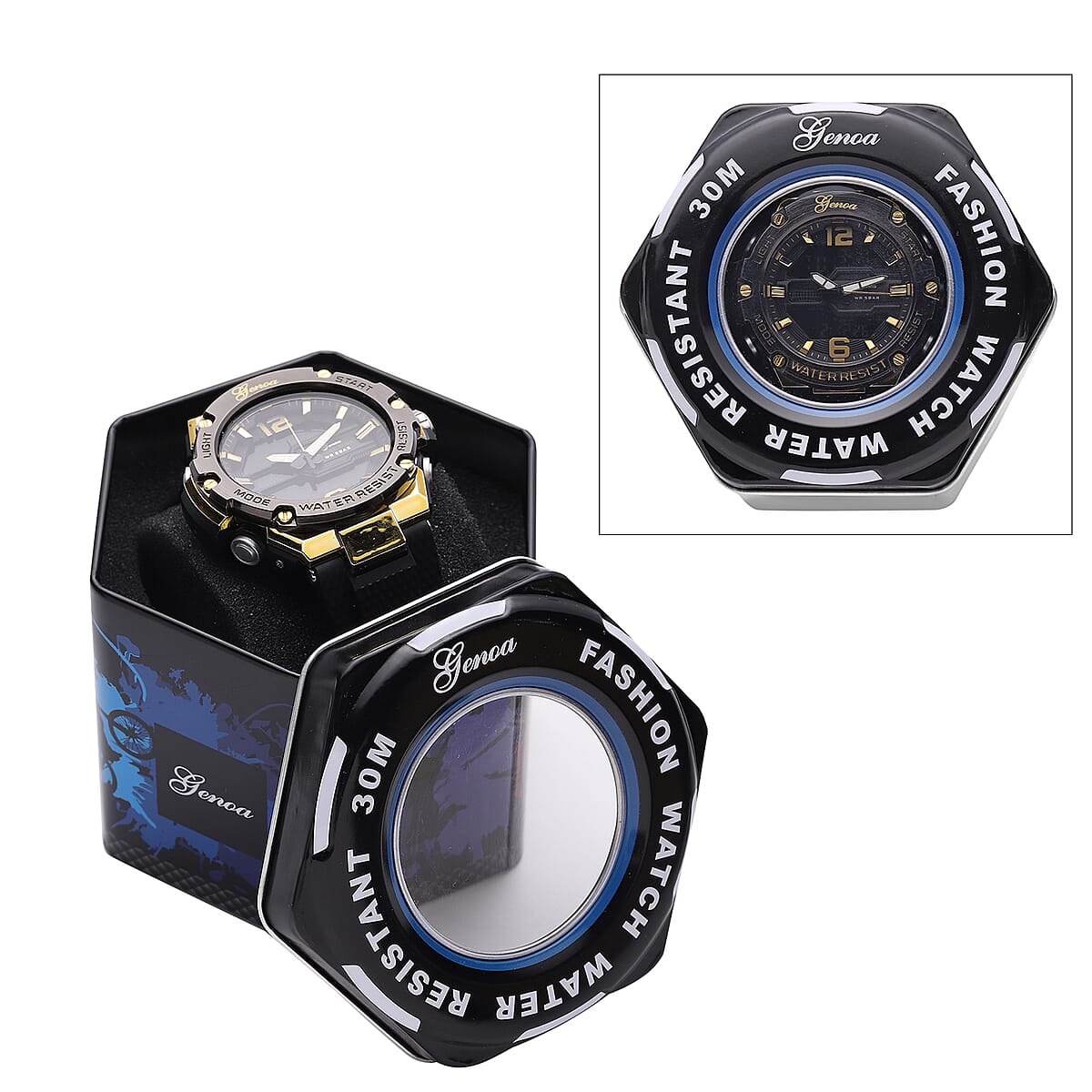 Genoa Japanese and Electronic Movement Multifunctional Key Watch in Goldtone with Black Silicone Strap (48 mm) image number 6