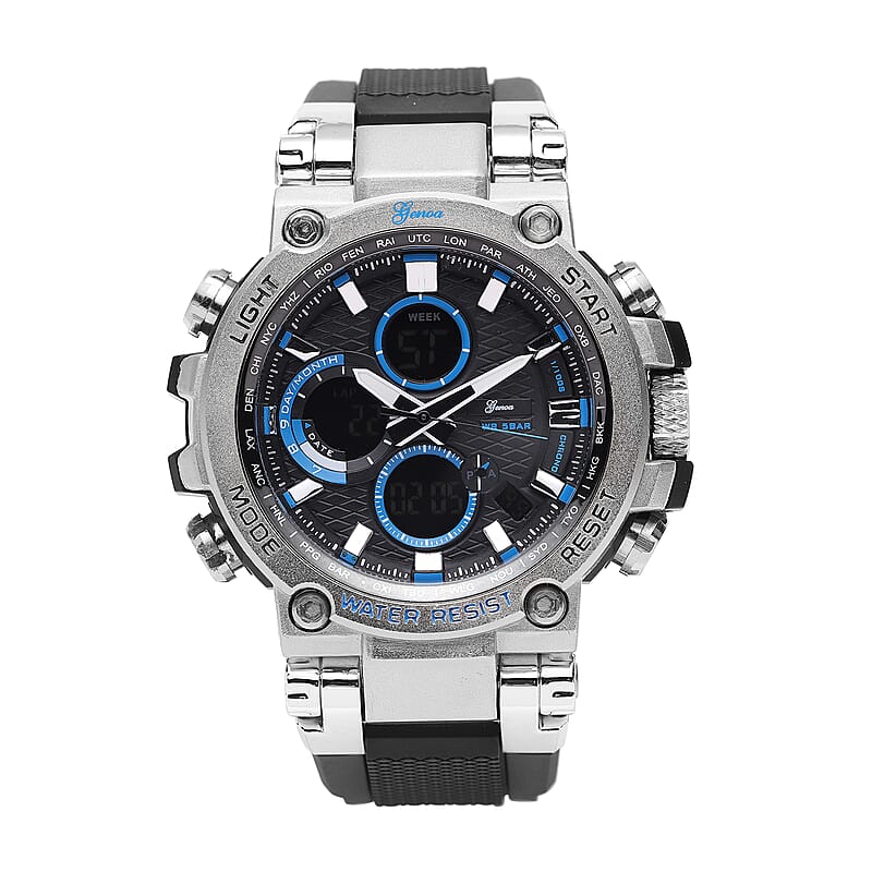 Genoa Japanese and Electronic Movement Multifunctional Key Watch in Silvertone with Black Silicone Strap (46 mm)