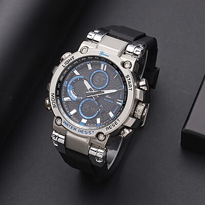 Genoa Japanese and Electronic Movement Multifunctional Key Watch in Silvertone with Black Silicone Strap (46 mm)
