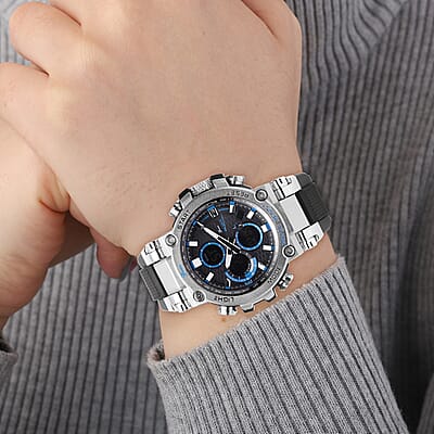 Genoa Japanese and Electronic Movement Multifunctional Key Watch in Silvertone with Black Silicone Strap (46 mm)