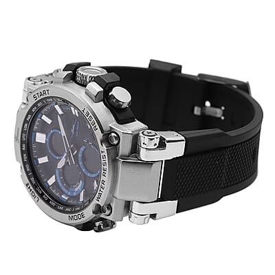 Genoa Japanese and Electronic Movement Multifunctional Key Watch in Silvertone with Black Silicone Strap (46 mm)