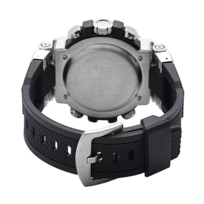 Genoa Japanese and Electronic Movement Multifunctional Key Watch in Silvertone with Black Silicone Strap (46 mm)