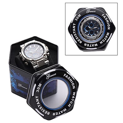Genoa Japanese and Electronic Movement Multifunctional Key Watch in Silvertone with Black Silicone Strap (46 mm)