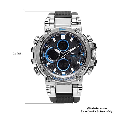 Genoa Japanese and Electronic Movement Multifunctional Key Watch in Silvertone with Black Silicone Strap (46 mm)