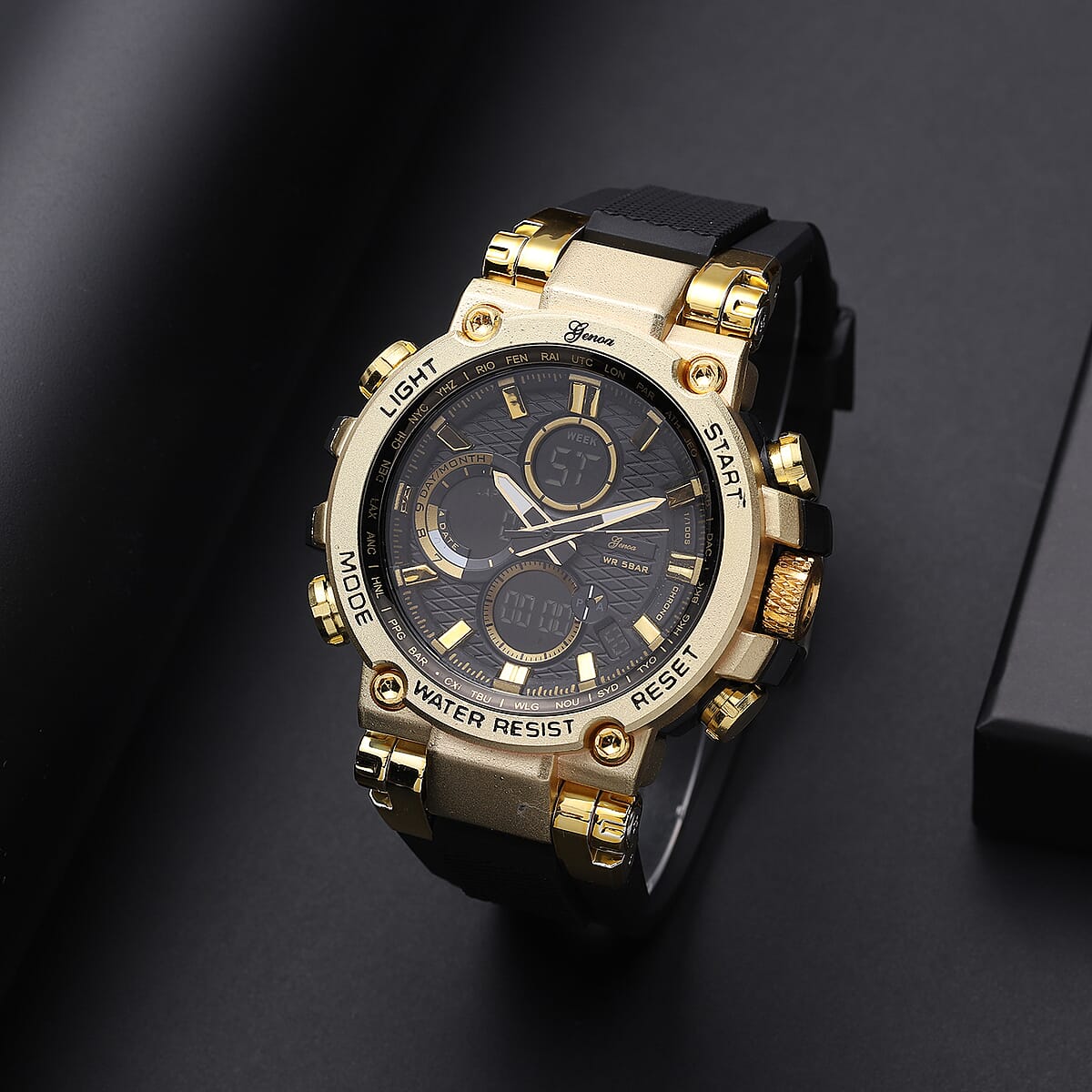 Genoa Japanese and Electronic Movement Multifunctional Key Watch in Goldtone with Black Silicone Strap (46 mm) image number 1