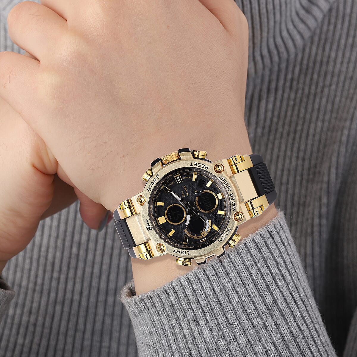 Genoa Japanese and Electronic Movement Multifunctional Key Watch in Goldtone with Black Silicone Strap (46 mm) image number 2