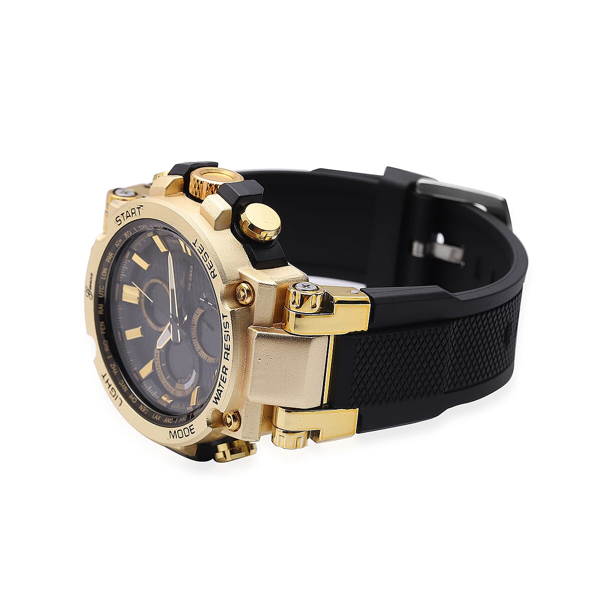 Genoa Japanese and Electronic Movement Multifunctional Key Watch in Goldtone with Black Silicone Strap (46 mm) image number 3