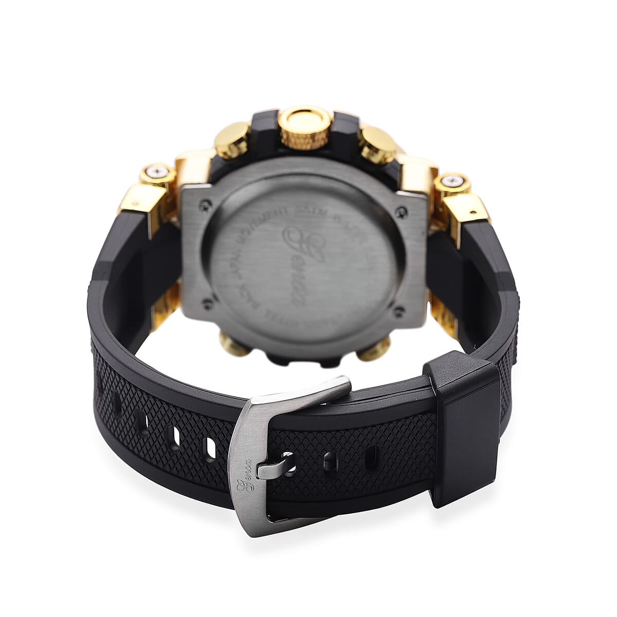 Genoa Japanese and Electronic Movement Multifunctional Key Watch in Goldtone with Black Silicone Strap (46 mm) image number 4
