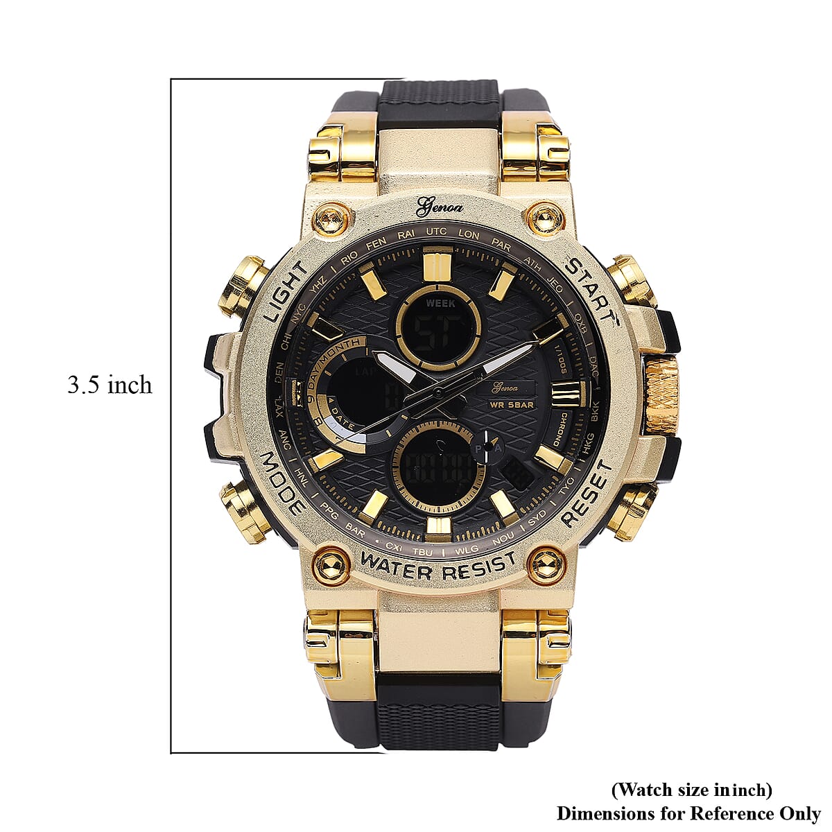 Genoa Japanese and Electronic Movement Multifunctional Key Watch in Goldtone with Black Silicone Strap (46 mm) image number 5