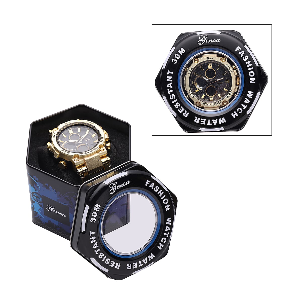 Genoa Japanese and Electronic Movement Multifunctional Key Watch in Goldtone with Black Silicone Strap (46 mm) image number 6