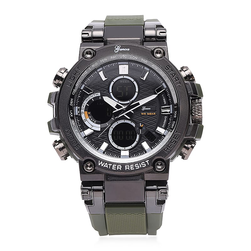 Genoa Japanese and Electronic Movement Multifunctional Key Watch in Black Silvertone Army Green Silicone Strap (46 mm)
