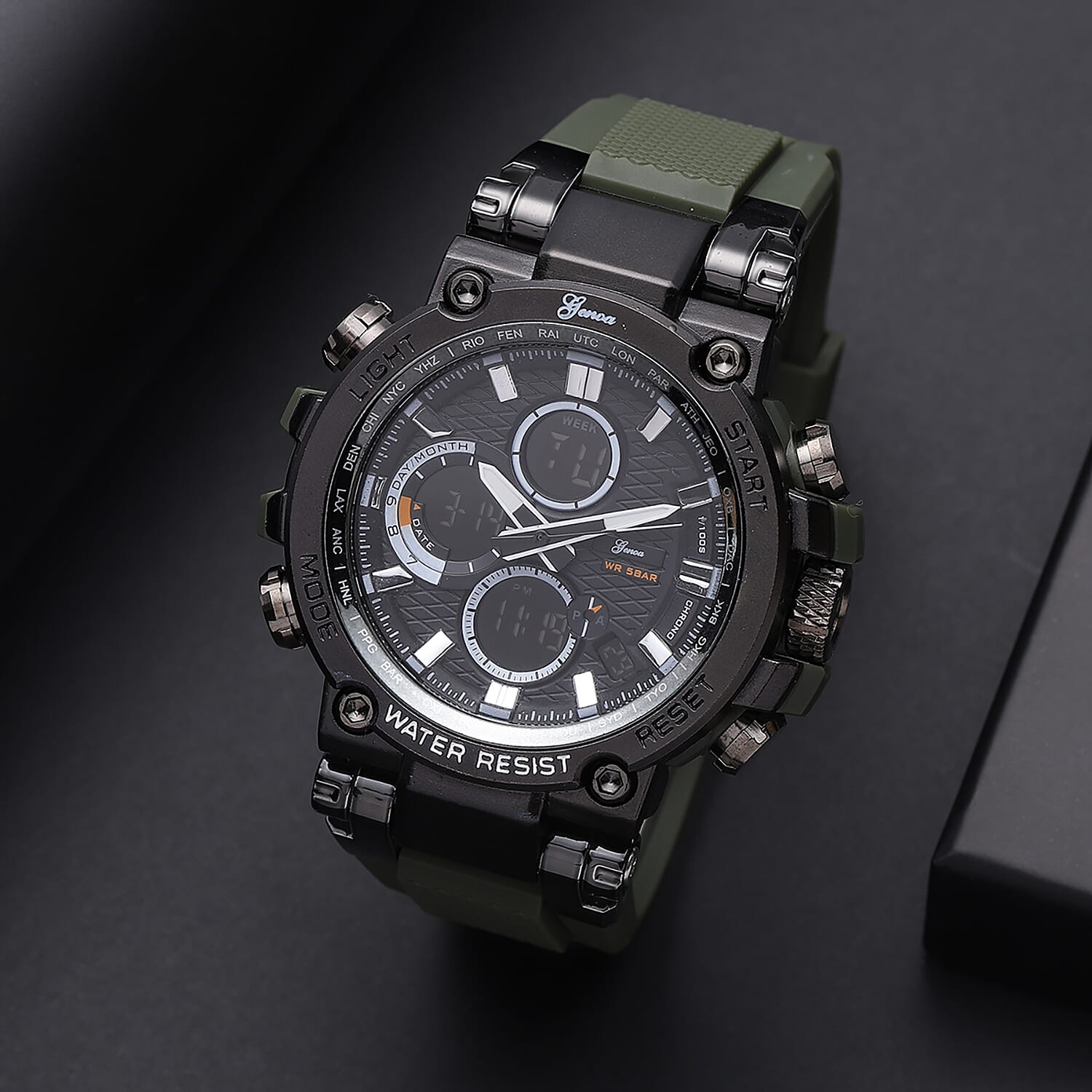 Genoa Japanese and Electronic Movement Multifunctional Key Watch in Black Silvertone Army Green Silicone Strap (46 mm)