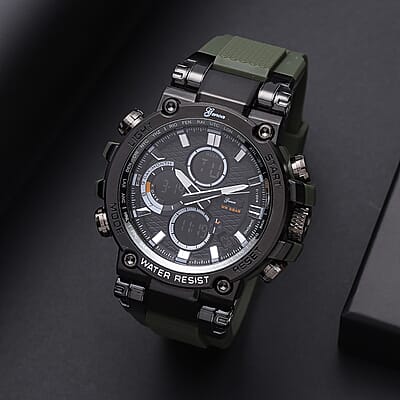 Genoa Japanese and Electronic Movement Multifunctional Key Watch in Black Silvertone Army Green Silicone Strap (46 mm)